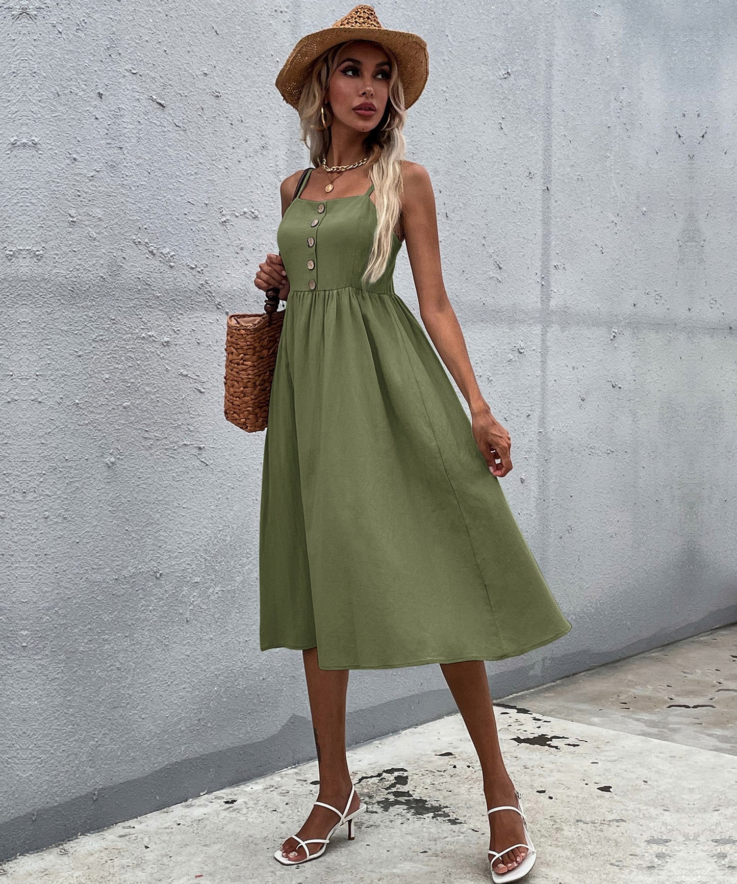 LINDSAY Linen Blend Dress - Army Green