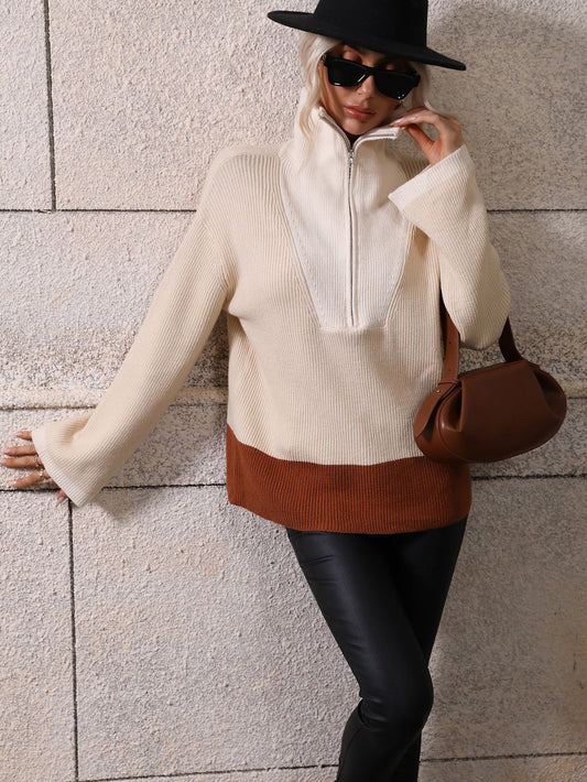 MIND AT EASE KNIT HALF ZIP PULLOVER - BEIGE