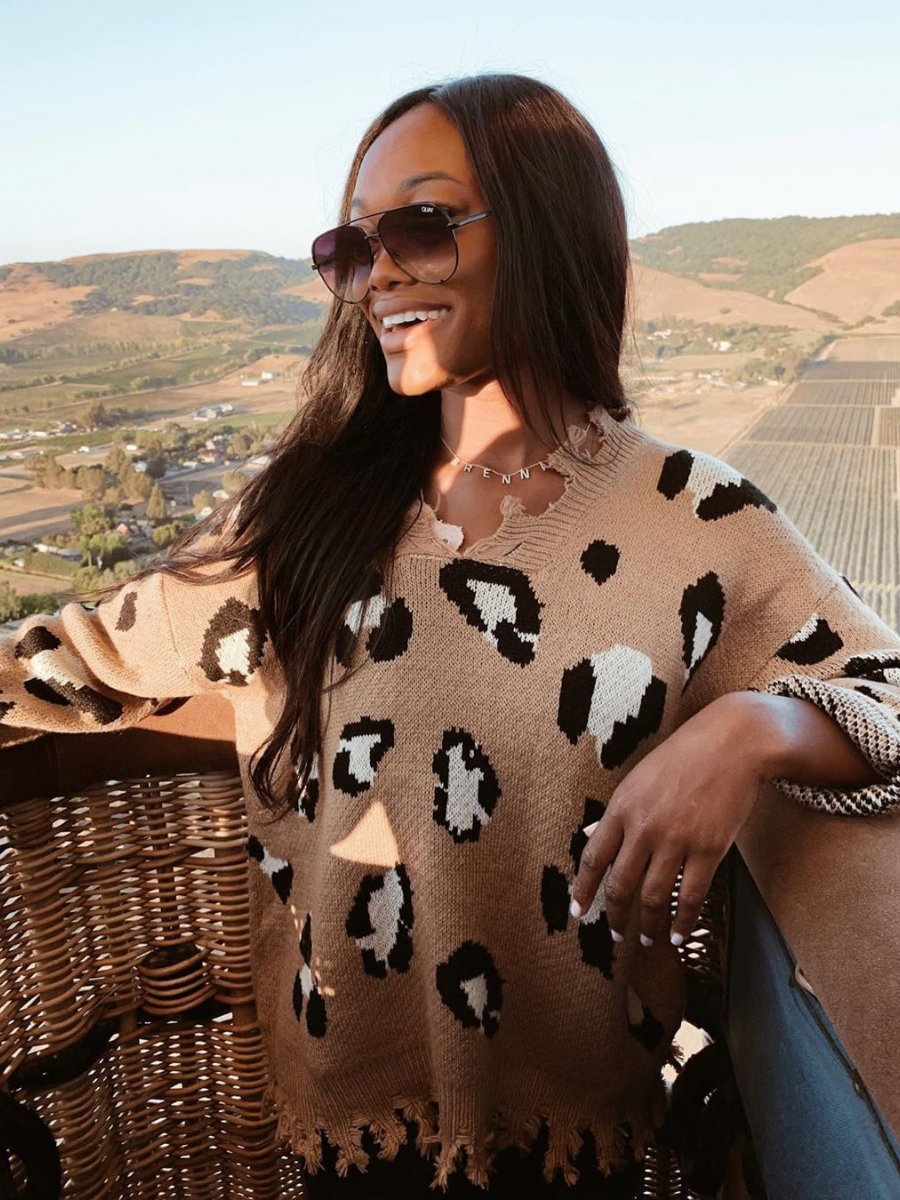Calistally Doll | Cheetah V-Neck Ripped Collar & Sleeve Knit Pullover - Beige