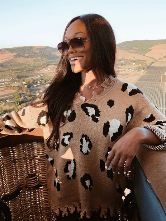 Calistally Doll | Cheetah V-Neck Ripped Collar & Sleeve Knit Pullover - Beige