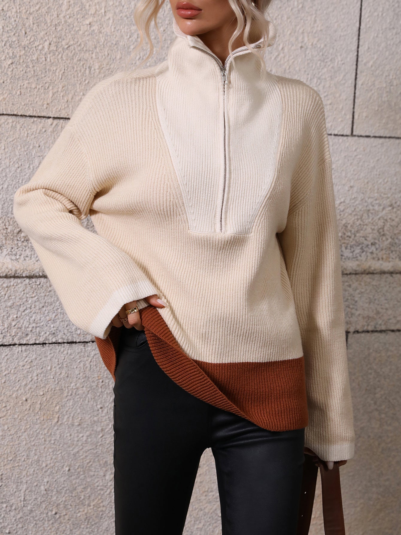 MIND AT EASE KNIT HALF ZIP PULLOVER - BEIGE