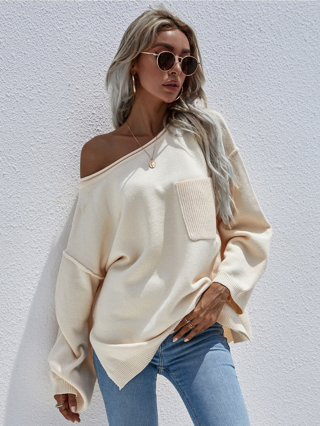 Calistally | DORETTA Beige Oversized Front Pocket Knit Sweater