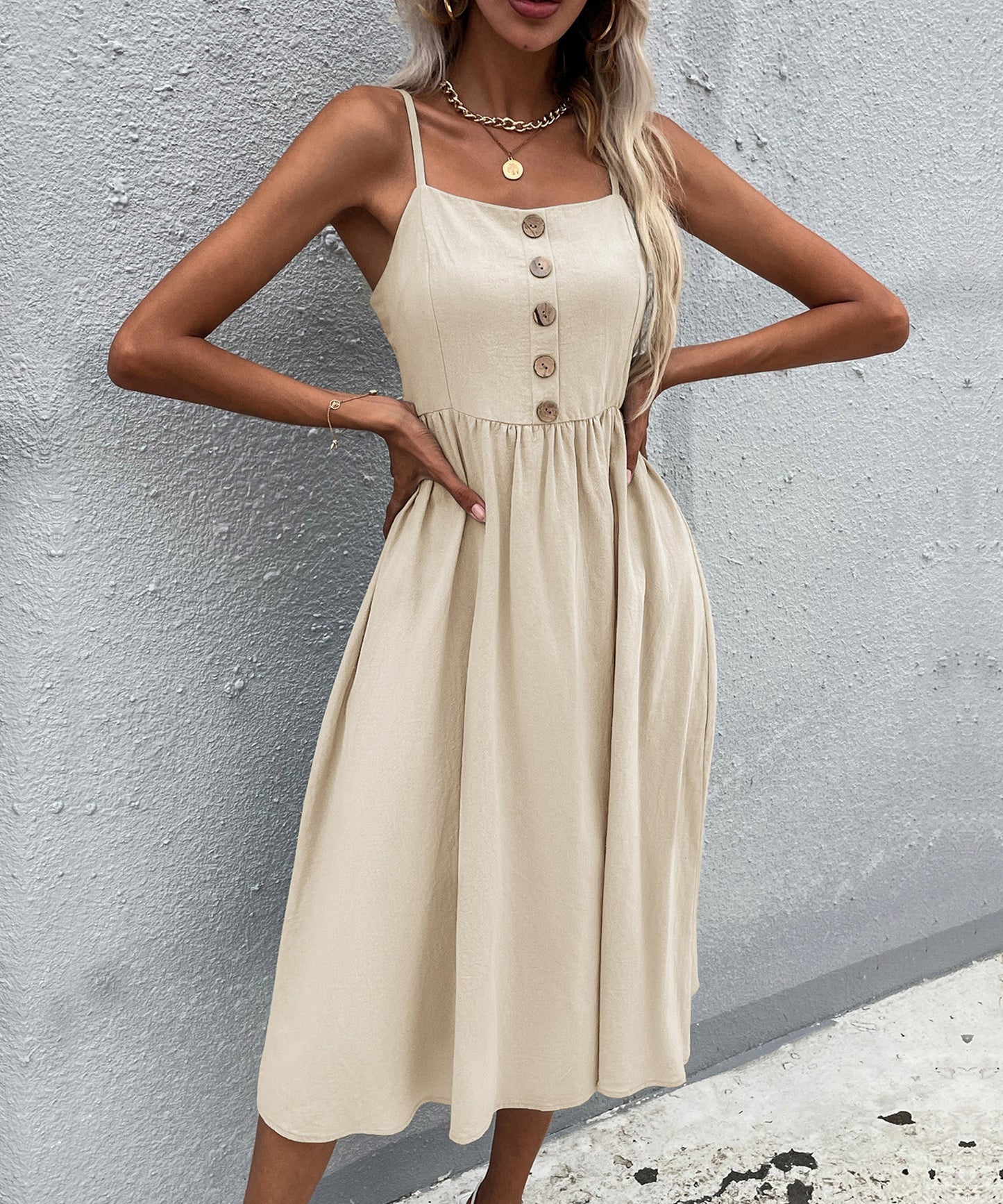 LINDSAY Linen Blend Dress - Beige