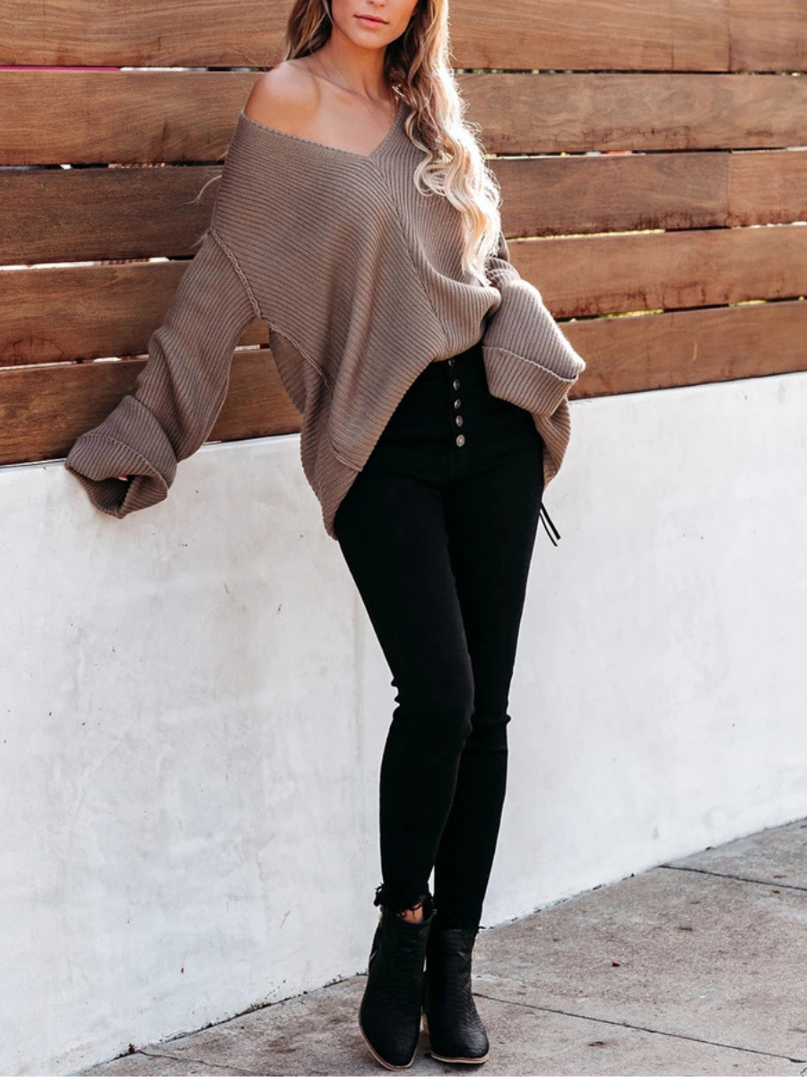 Calistally | MACHE Low V-Neck Oversize Sleeve Knit Top - Beige