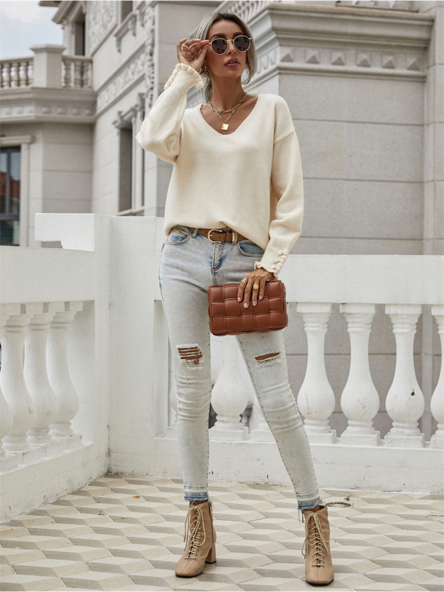 Calistally | DARIUS Drop Shoulder V-neck Knit Top - Beige