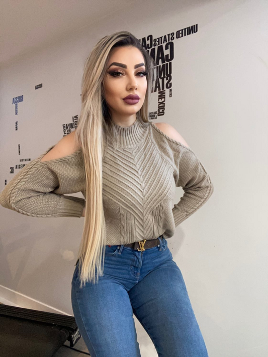 Calistally Doll | Beige Shoulder Cut-Out Knit Sweater