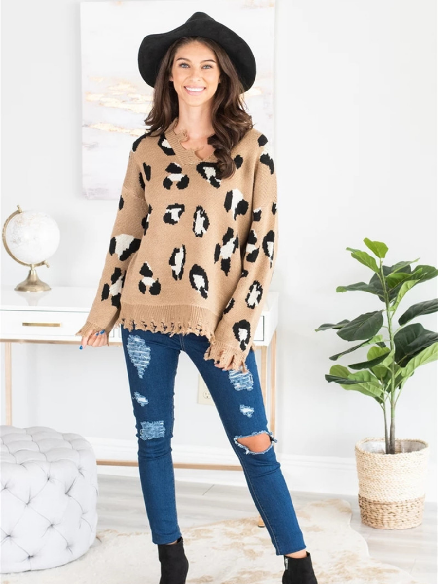 Calistally Doll | Cheetah V-Neck Ripped Collar & Sleeve Knit Pullover - Beige