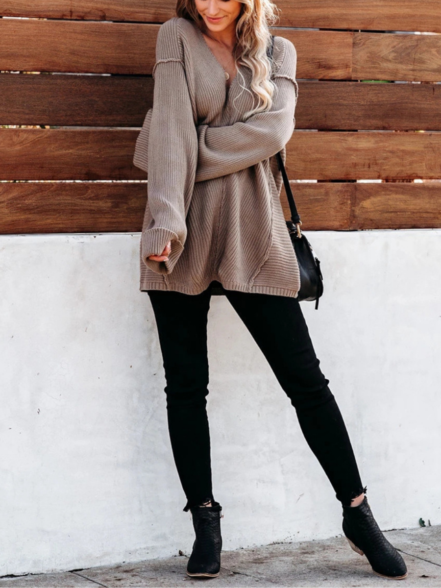 Calistally | MACHE Low V-Neck Oversize Sleeve Knit Top - Beige