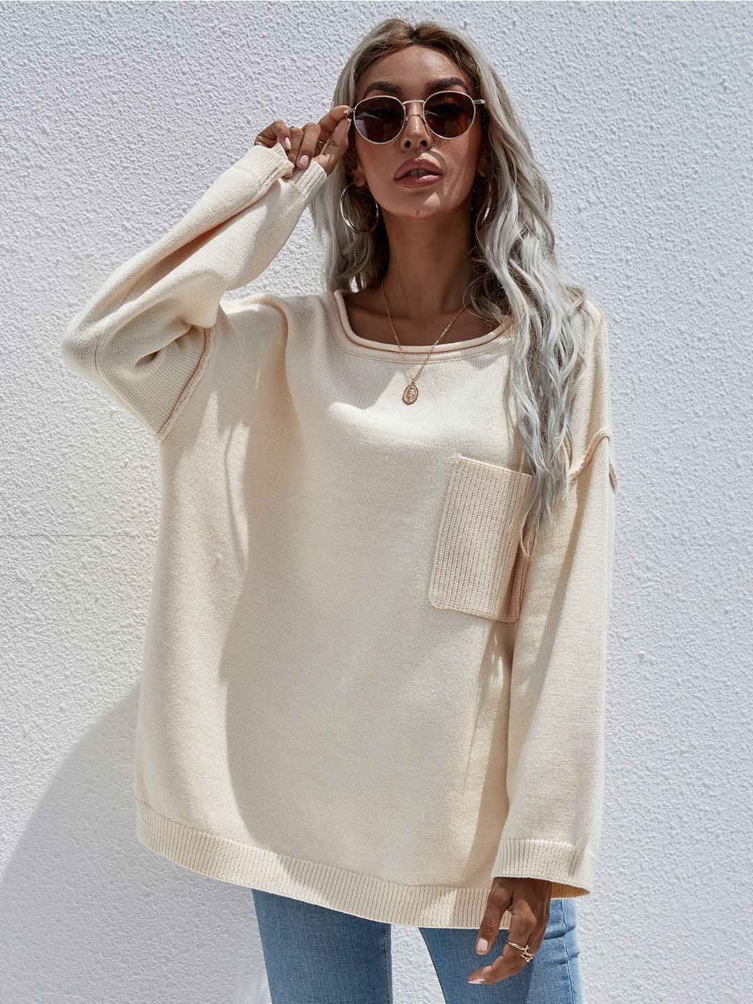 Calistally | DORETTA Beige Oversized Front Pocket Knit Sweater