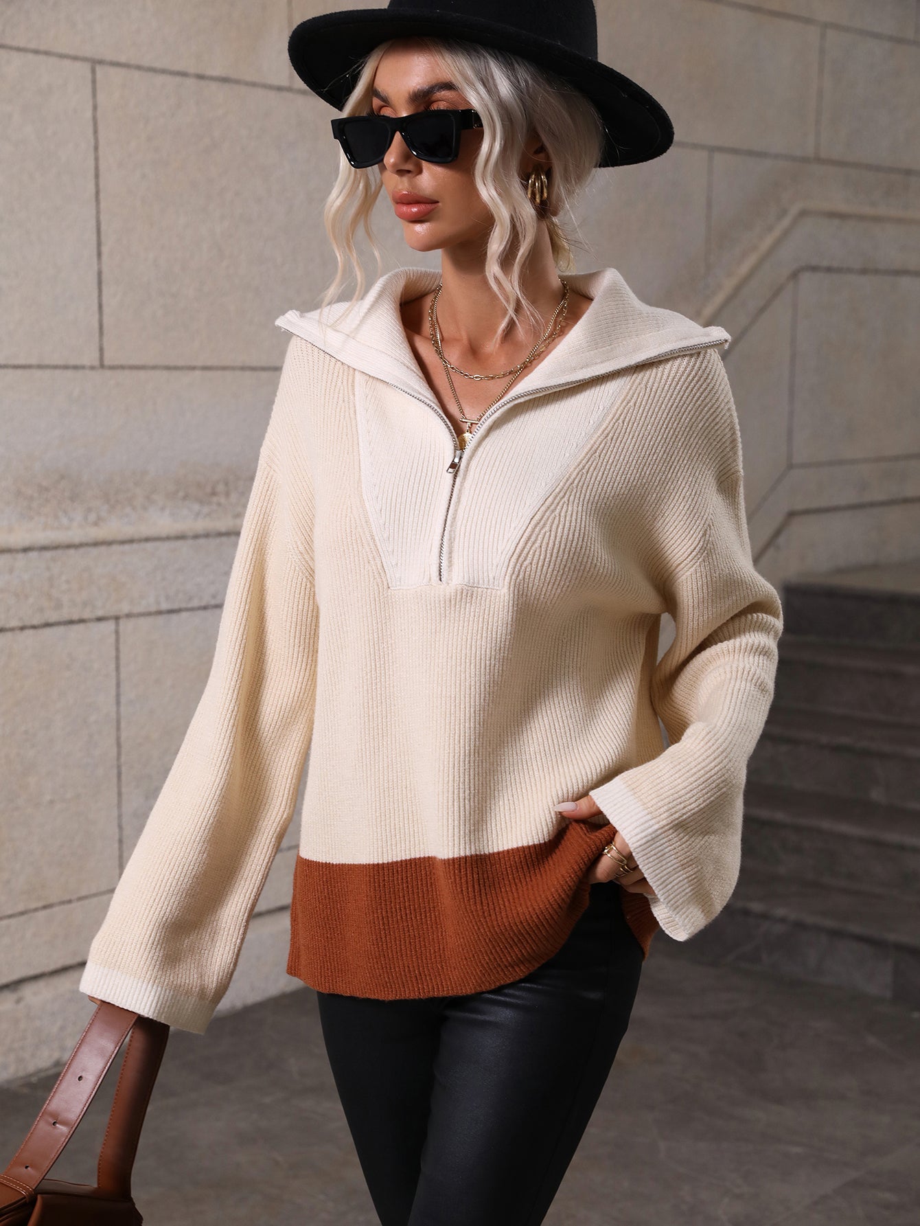MIND AT EASE KNIT HALF ZIP PULLOVER - BEIGE