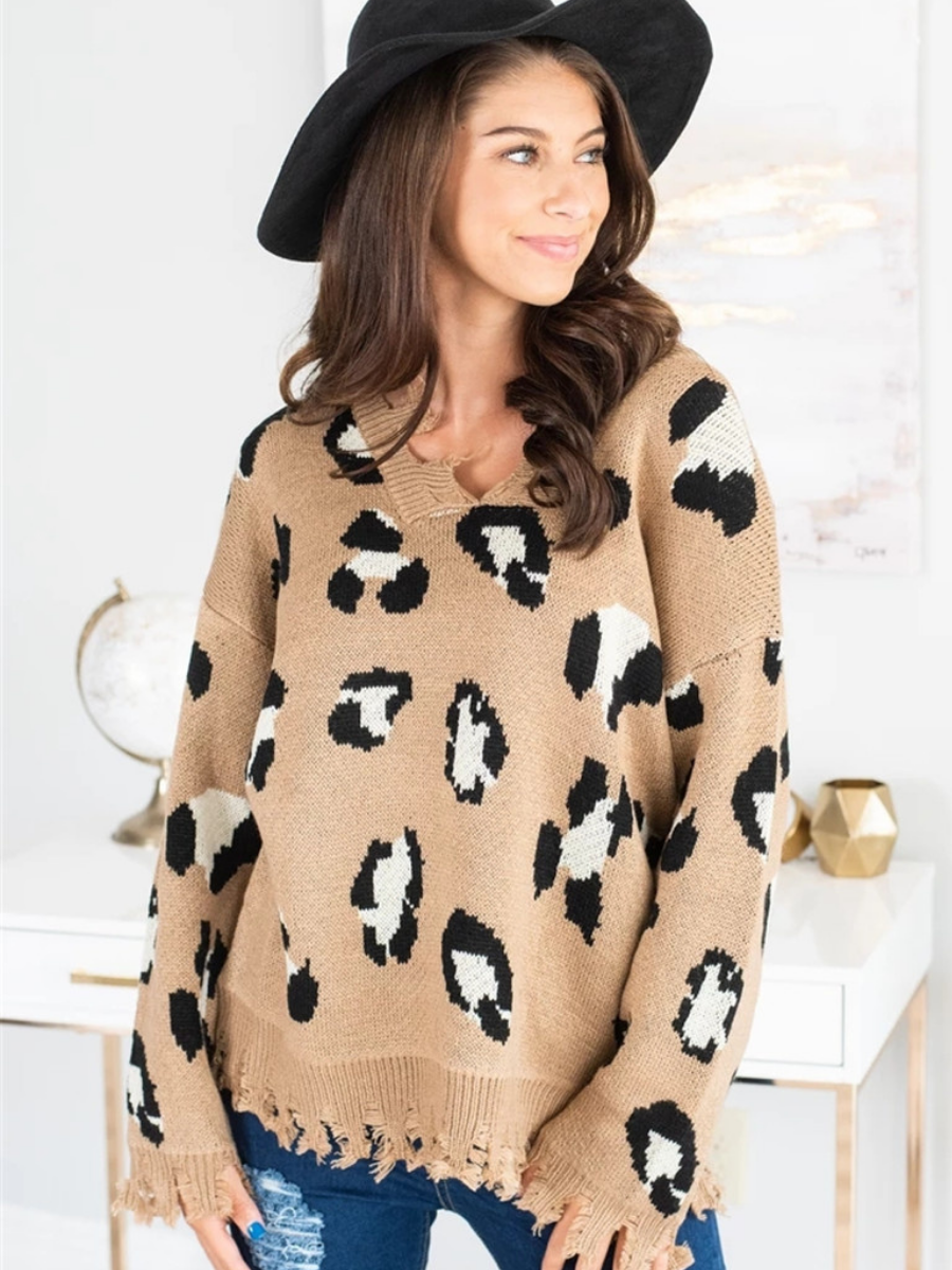 Calistally Doll | Cheetah V-Neck Ripped Collar & Sleeve Knit Pullover - Beige