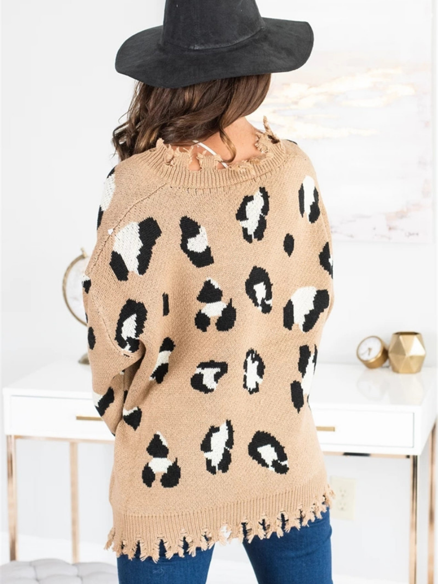 Calistally Doll | Cheetah V-Neck Ripped Collar & Sleeve Knit Pullover - Beige