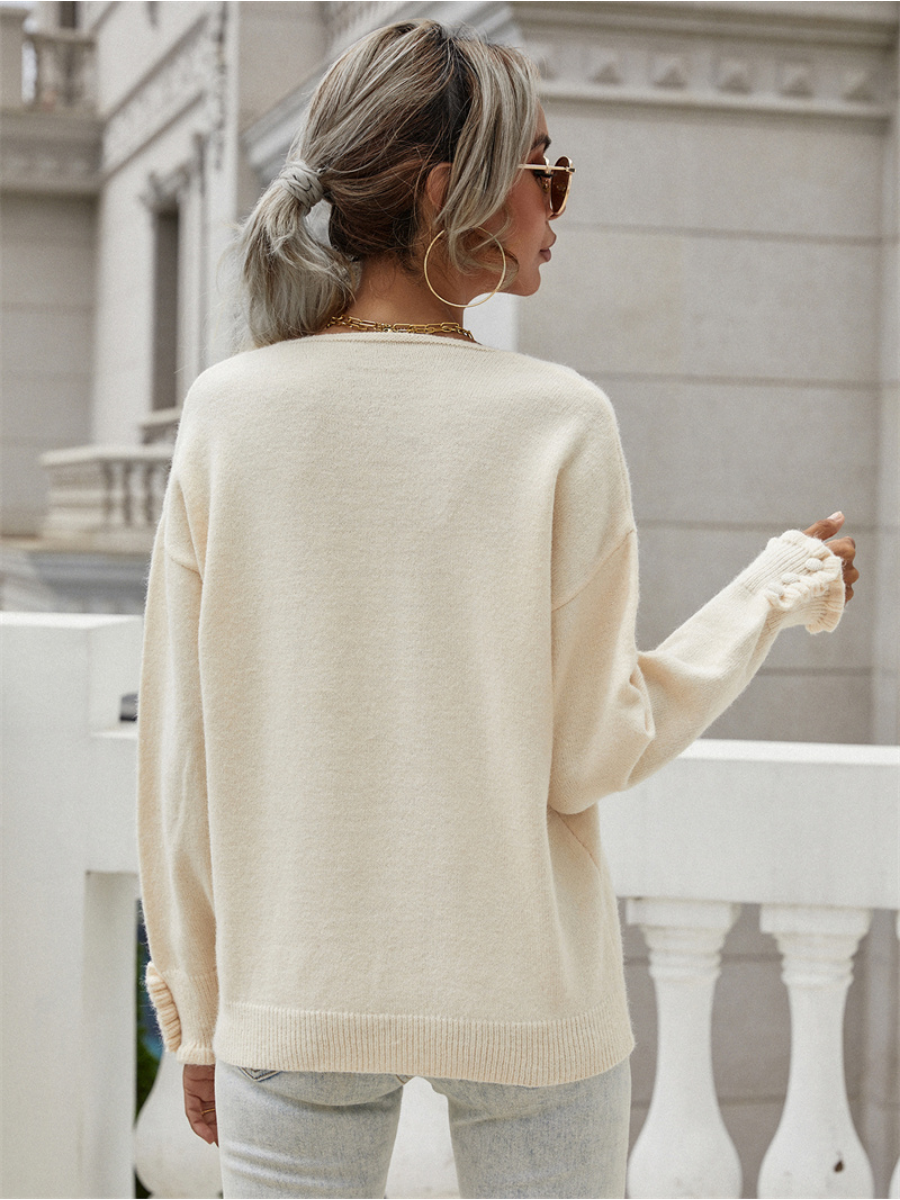 Calistally | DARIUS Drop Shoulder V-neck Knit Top - Beige