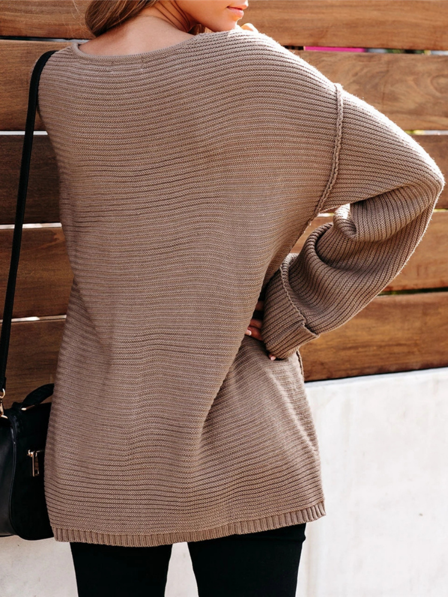 Calistally | MACHE Low V-Neck Oversize Sleeve Knit Top - Beige