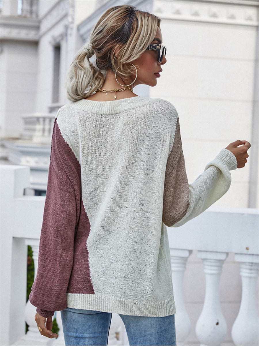 Calistally | GRANIA Two Tone Color Block Knit Sweater - Beige