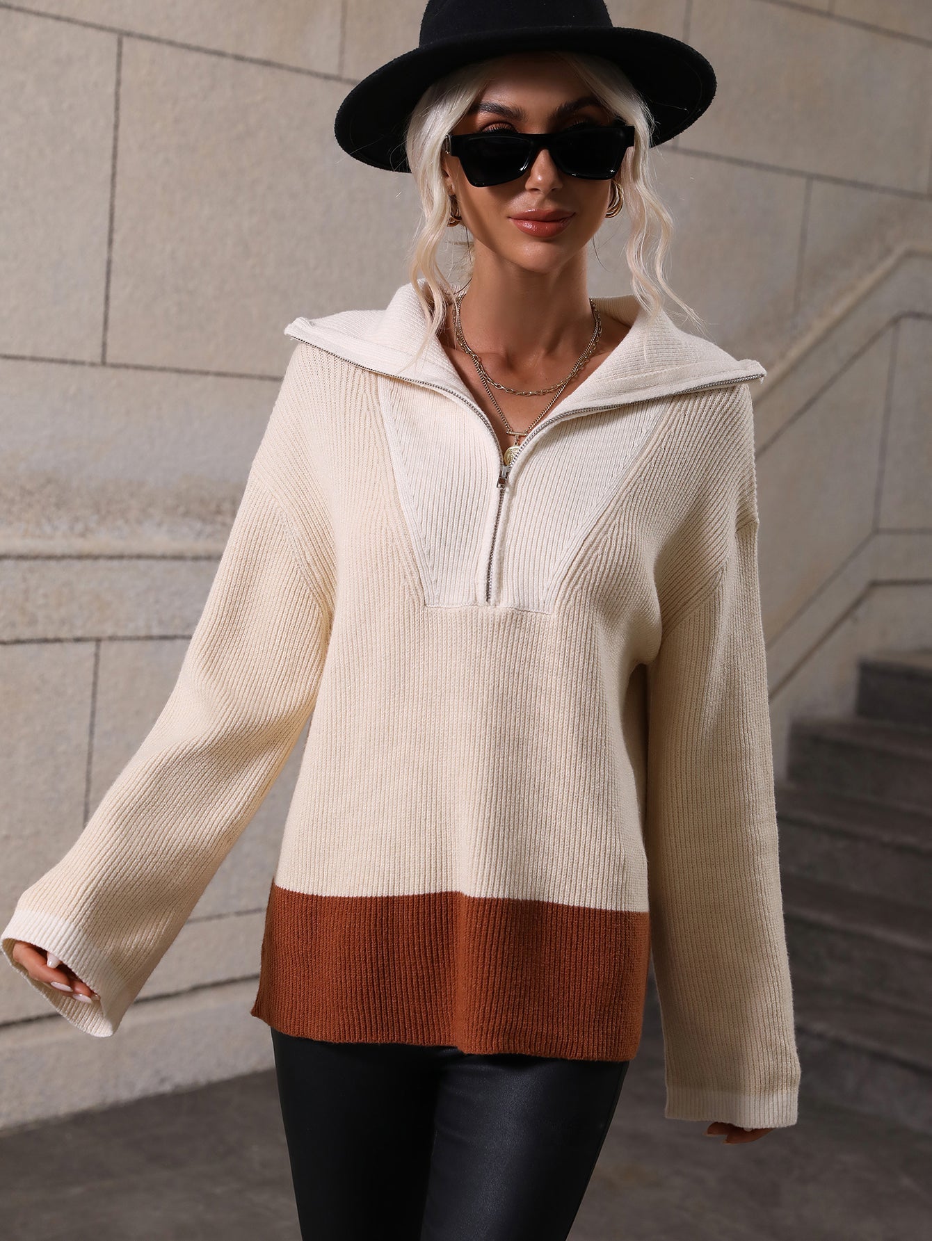 MIND AT EASE KNIT HALF ZIP PULLOVER - BEIGE