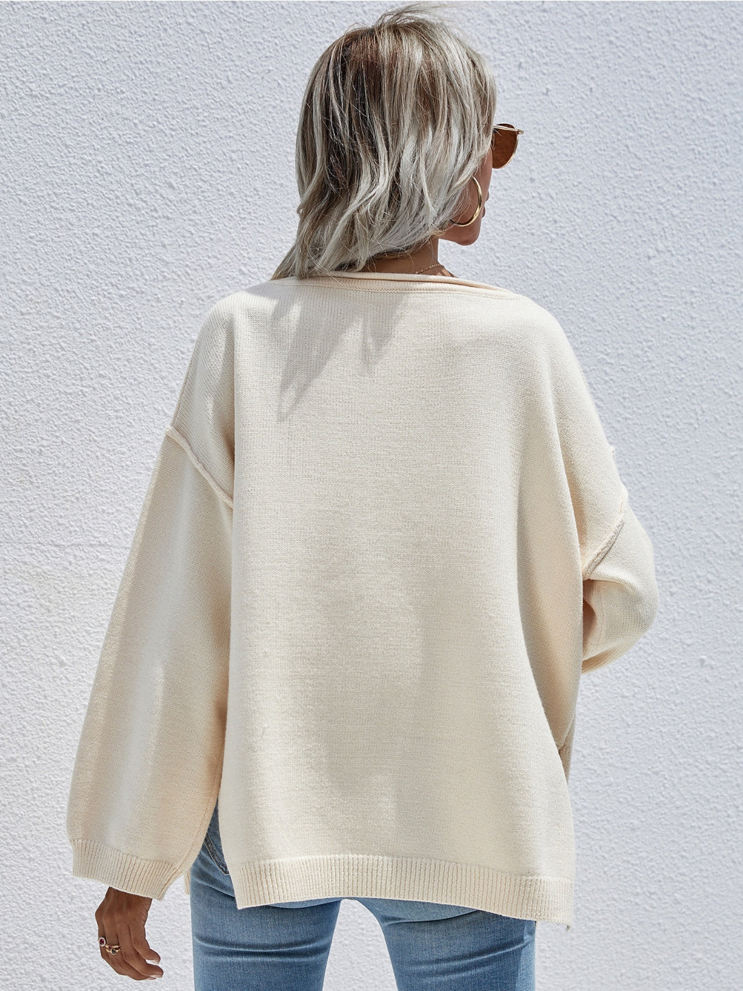 Calistally | DORETTA Beige Oversized Front Pocket Knit Sweater