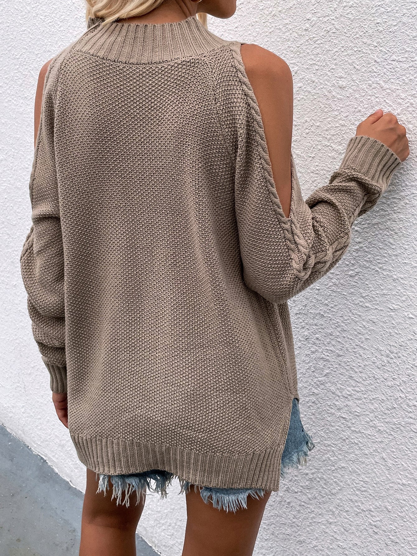 Calistally | Beige Shoulder Cut-Out Knit Sweater
