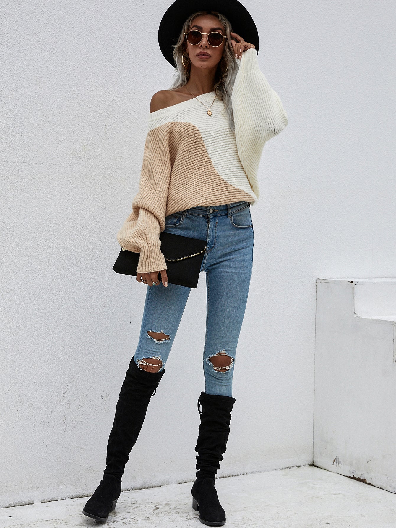 Calistally Doll | GRANIA Batwing Sleeve Block Color Knit Sweater