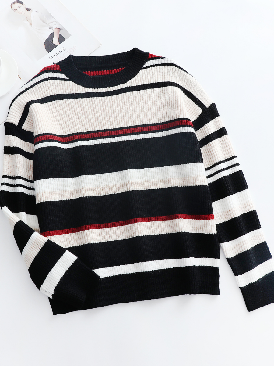 Calistally | Black White Red Stripe Crew Neck Knit Top