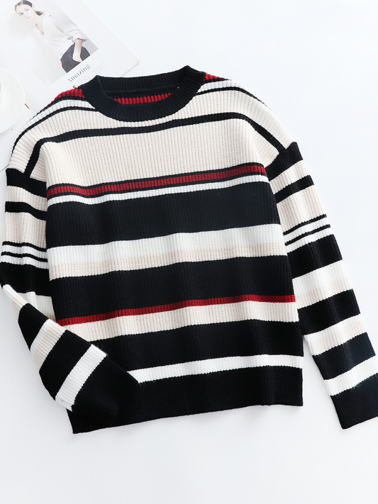 Calistally | Black White Red Stripe Crew Neck Knit Top