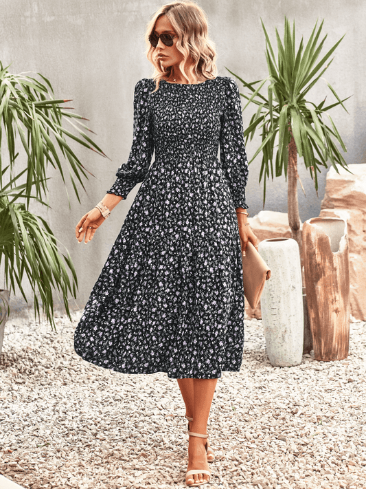 TRADING PLACES FLORAL MIDI DRESS - BLACK