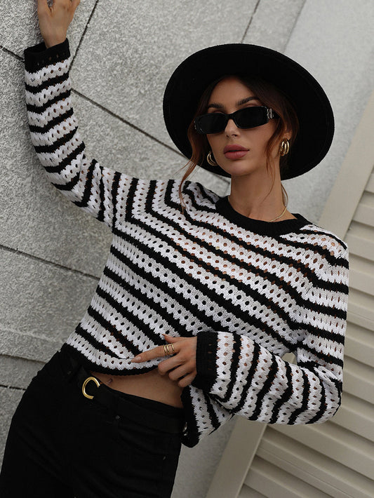 PERFORATED STRIPE PATTERN KNIT TOP - BLACK