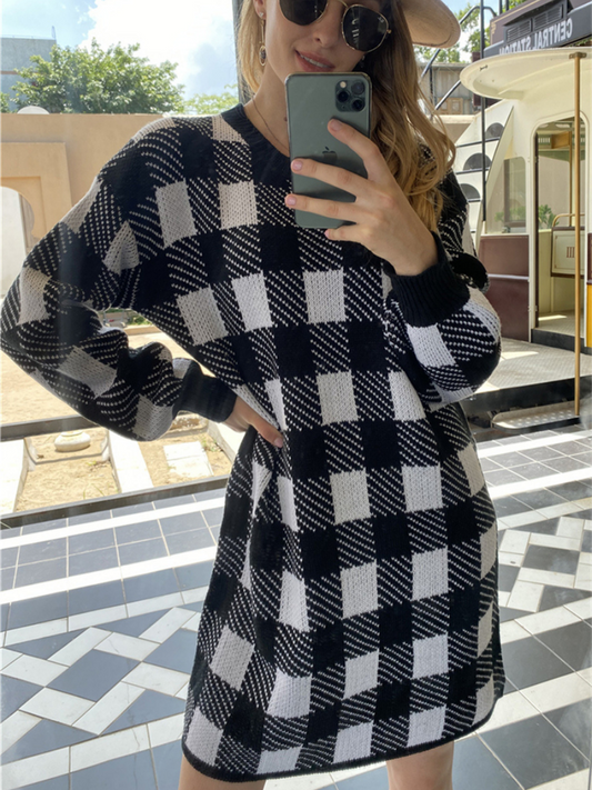 Calistally | KAITLYN Plaid Knit Dress - Black