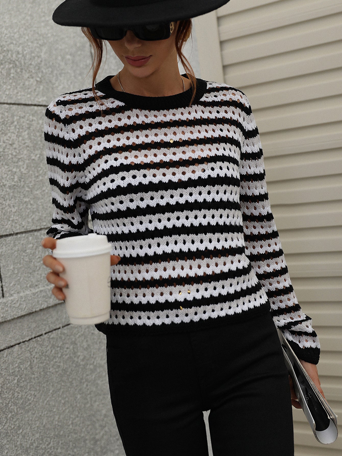 PERFORATED STRIPE PATTERN KNIT TOP - BLACK