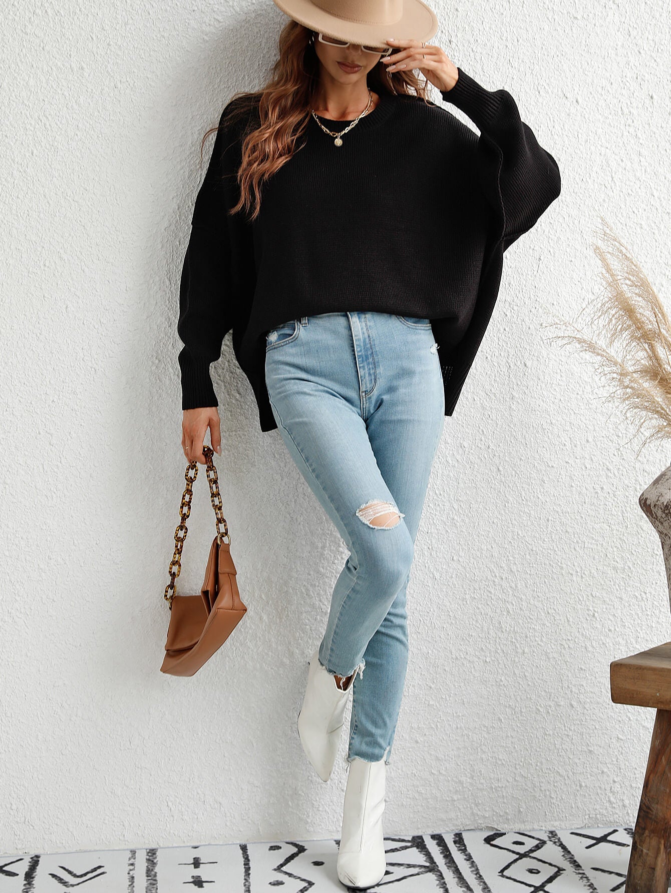 OVERSIZED BATWING SLEEVE KNIT SWEATER - BLACK