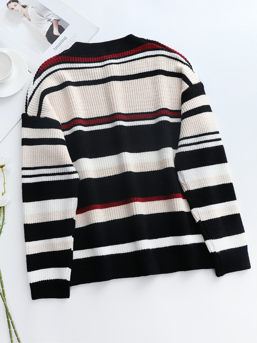 Calistally | Black White Red Stripe Crew Neck Knit Top