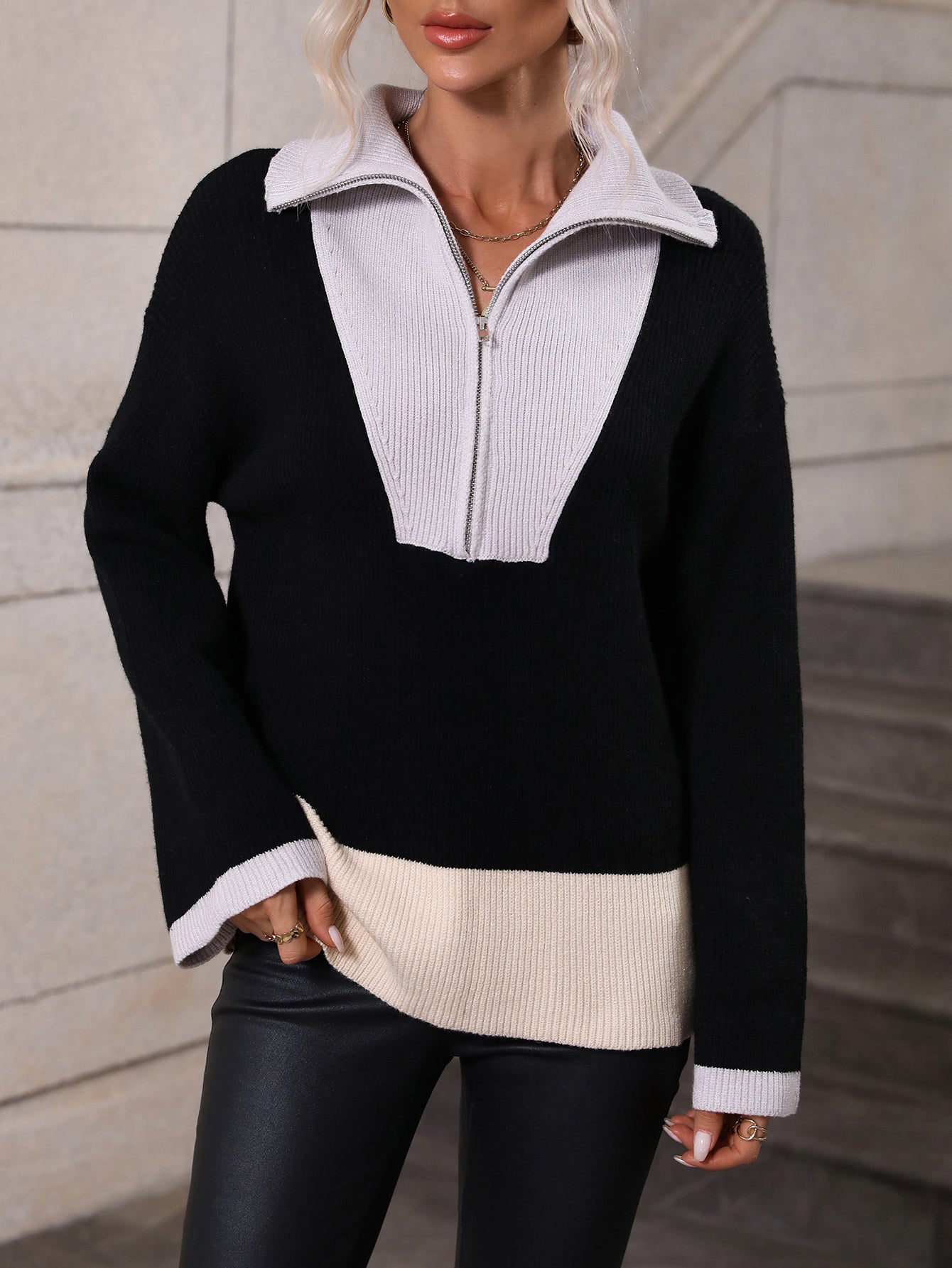 MIND AT EASE KNIT HALF ZIP PULLOVER - BLACK