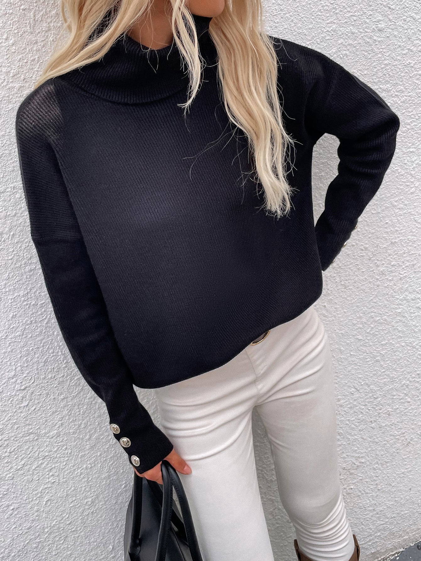 Calistally | Black Oversized Collar Turtleneck Knit Sweater