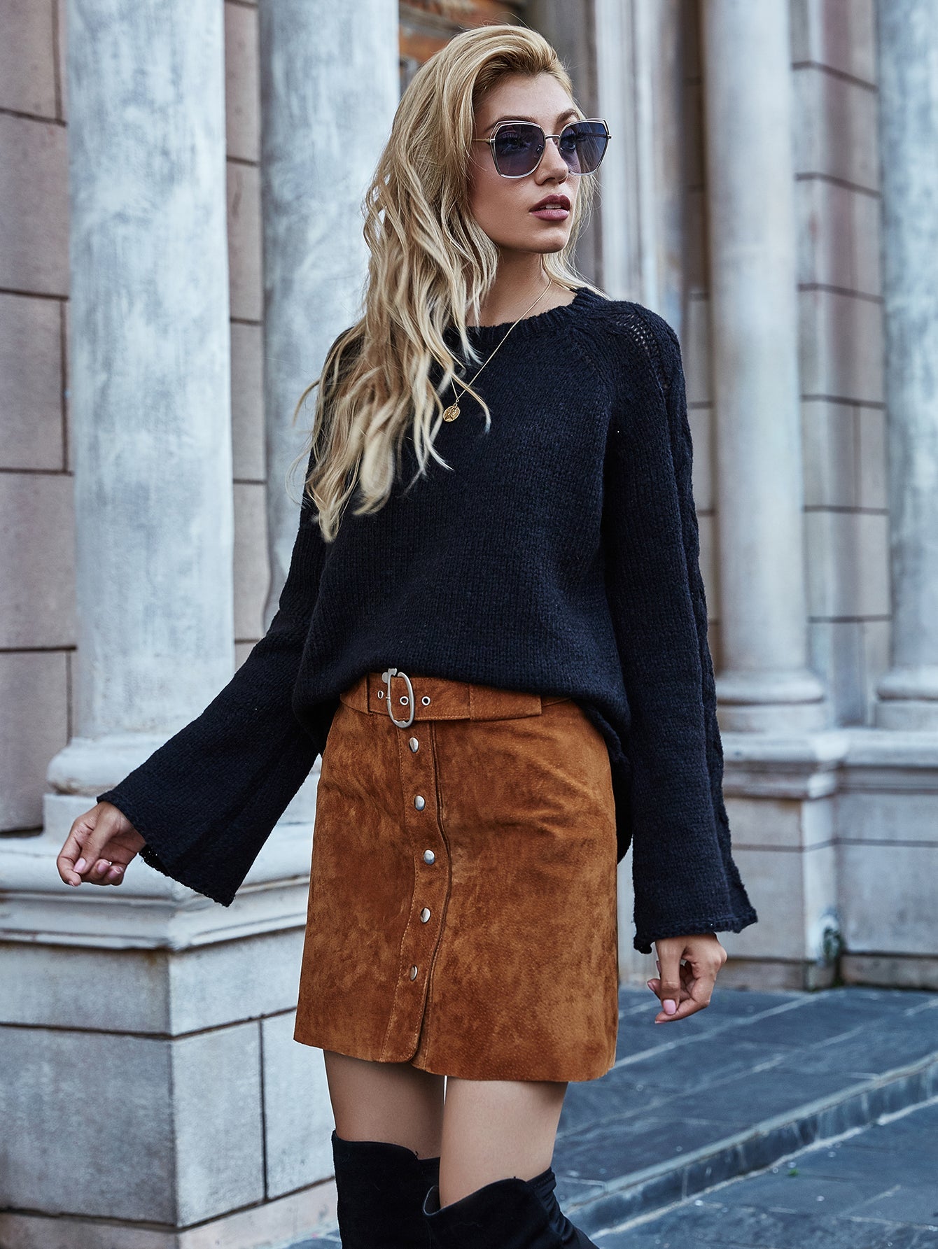 Calistally | PHYLLIS Oversized Sector Sleeve Knit Jumper - Black