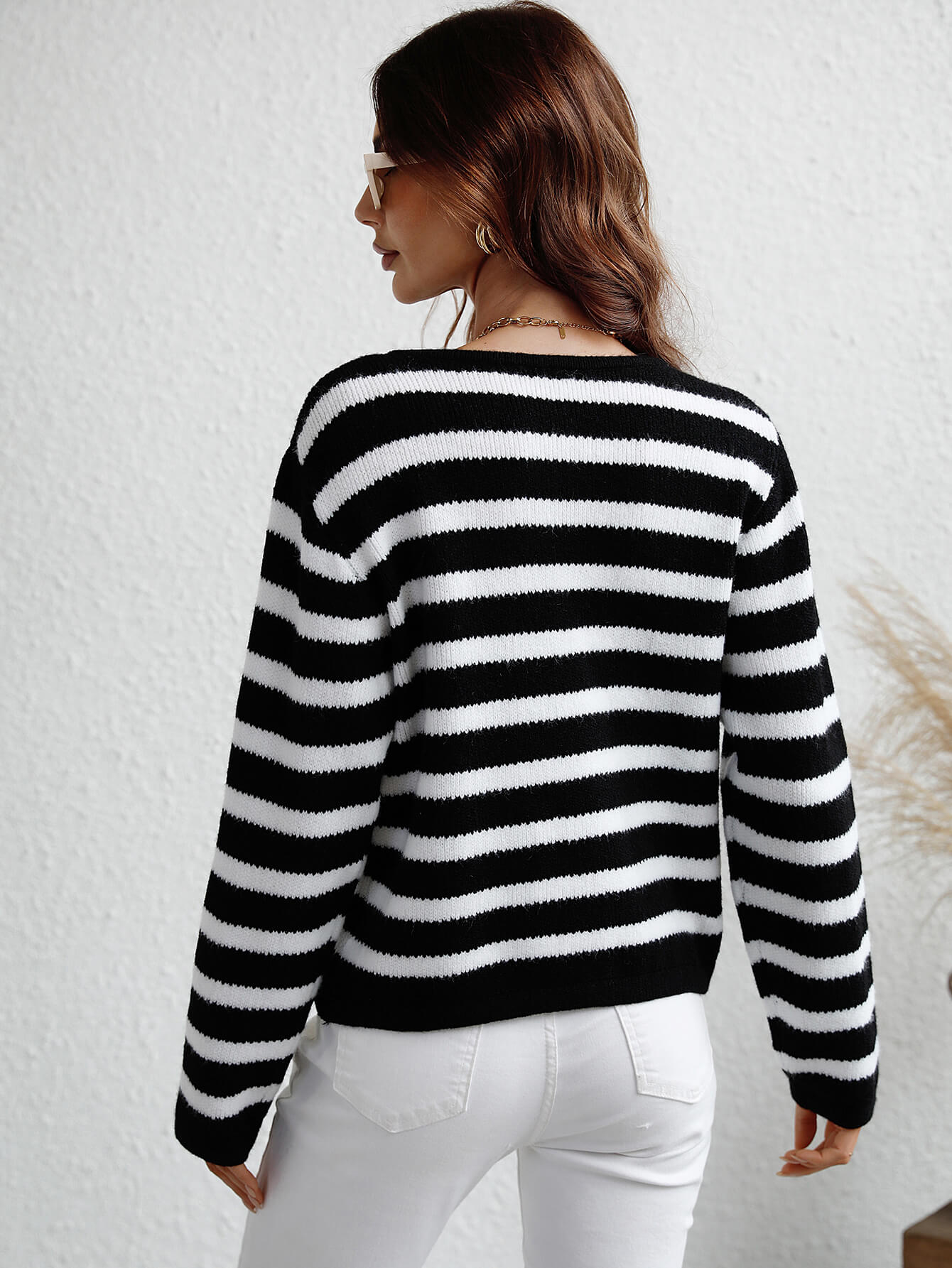 STRIPE POCKET BUTTON UP KNIT CARDIGAN - BLACK
