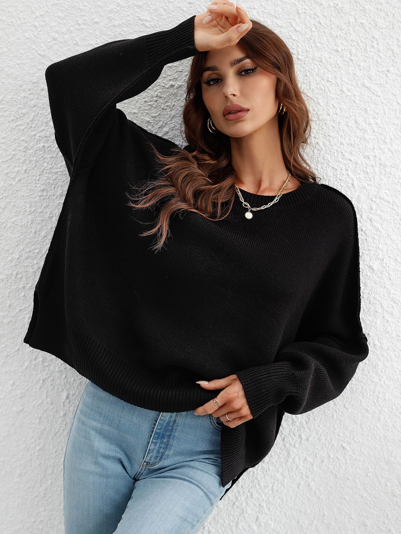 OVERSIZED BATWING SLEEVE KNIT SWEATER - BLACK