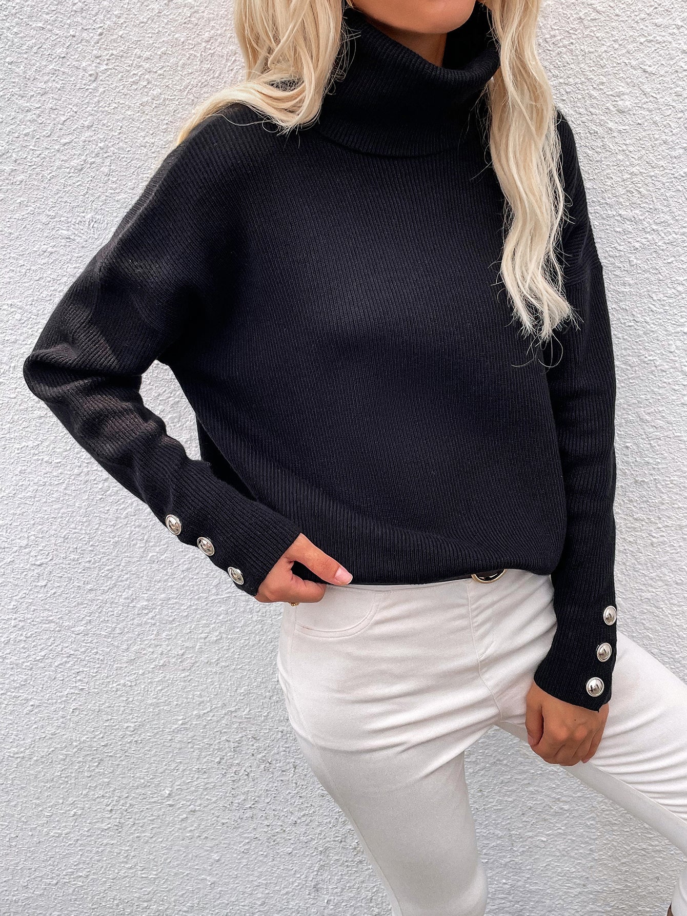 Calistally | Black Oversized Collar Turtleneck Knit Sweater