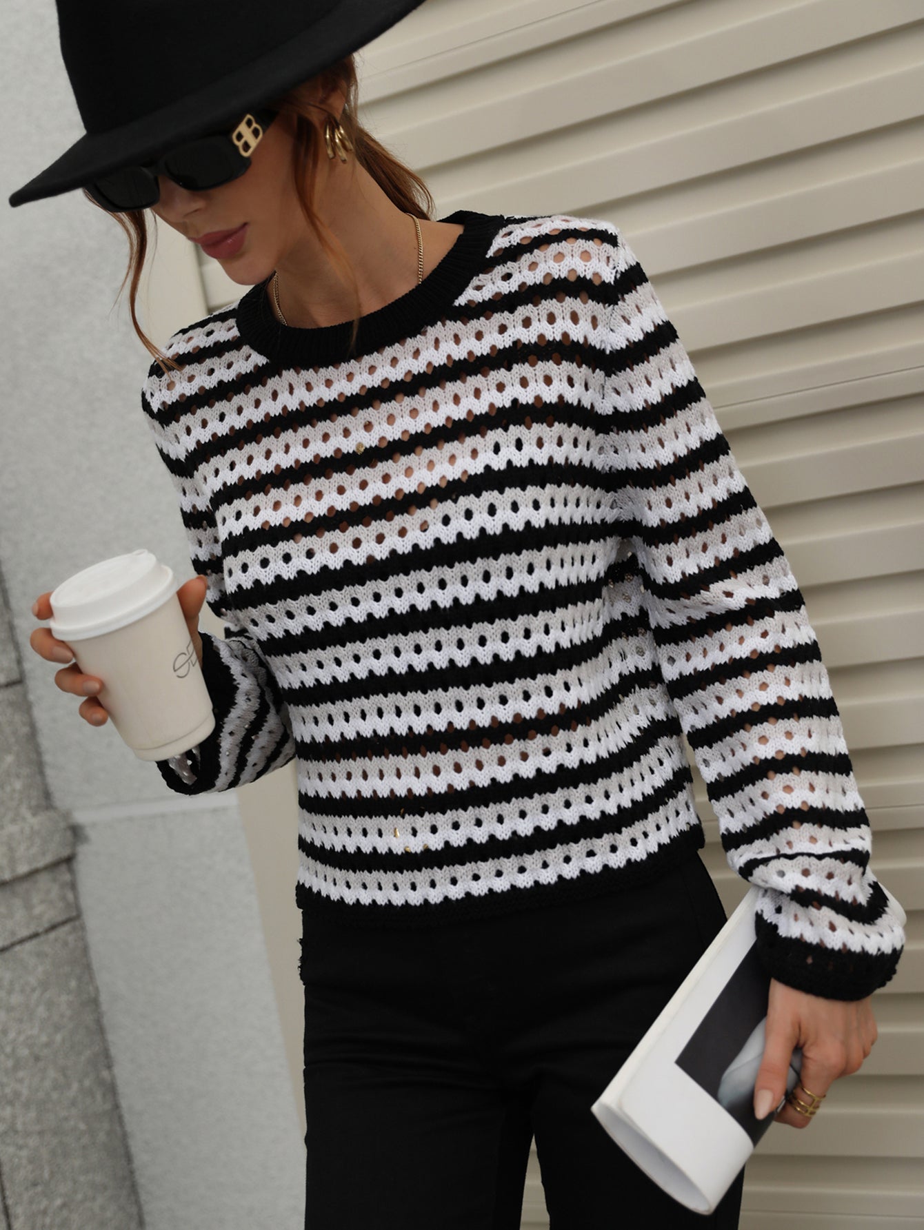 PERFORATED STRIPE PATTERN KNIT TOP - BLACK
