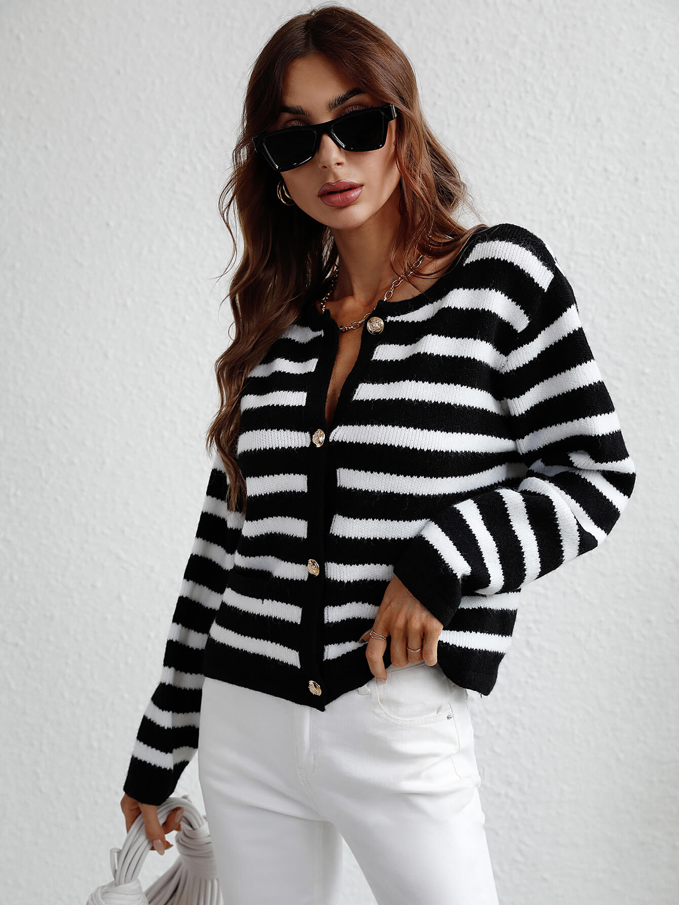 STRIPE POCKET BUTTON UP KNIT CARDIGAN - BLACK
