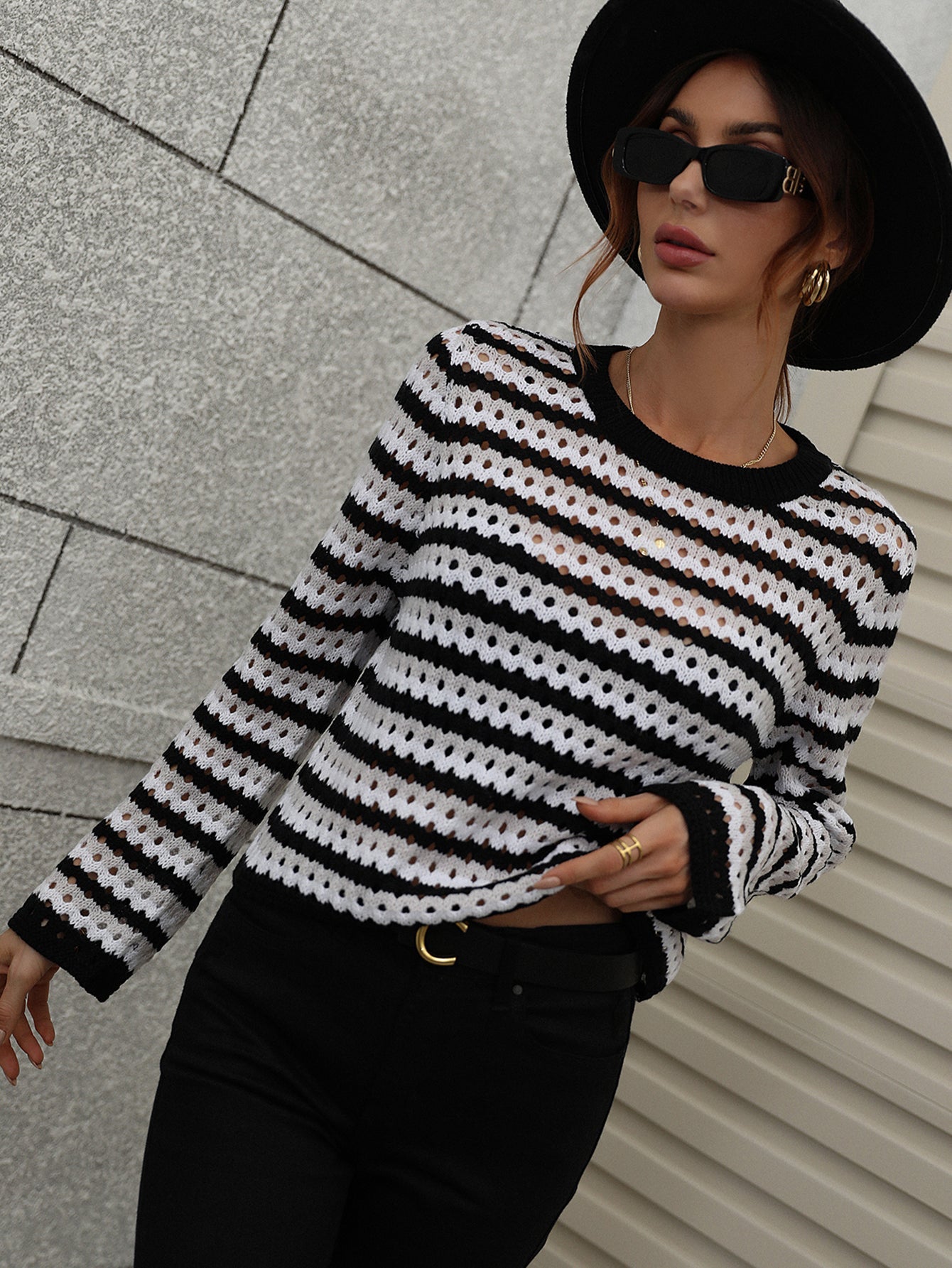 PERFORATED STRIPE PATTERN KNIT TOP - BLACK