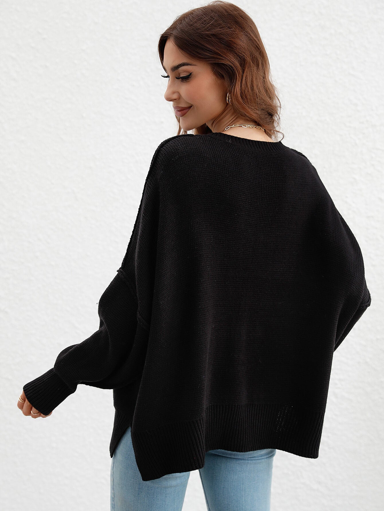 OVERSIZED BATWING SLEEVE KNIT SWEATER - BLACK