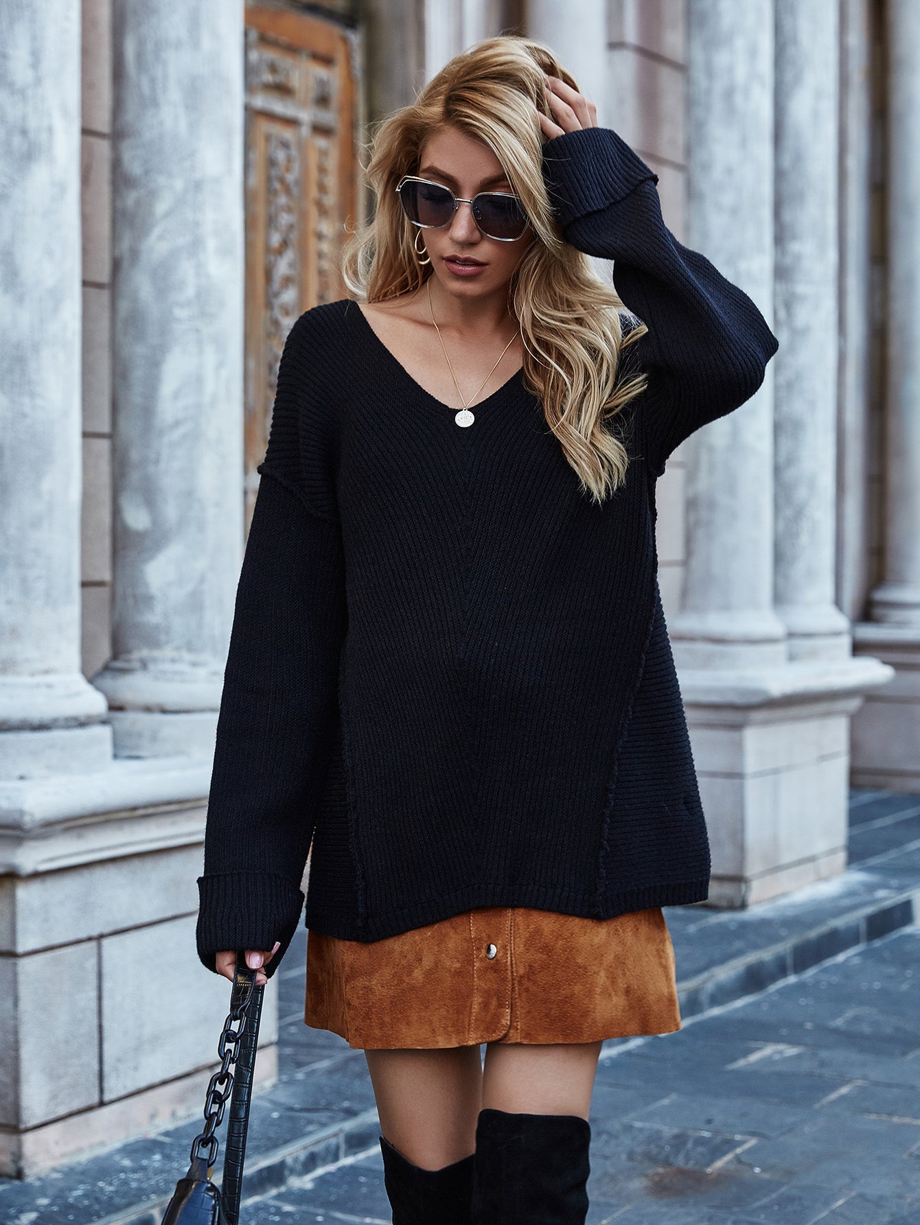 Calistally | MACHE Low V-Neck Oversize Sleeve Knit Top - Black