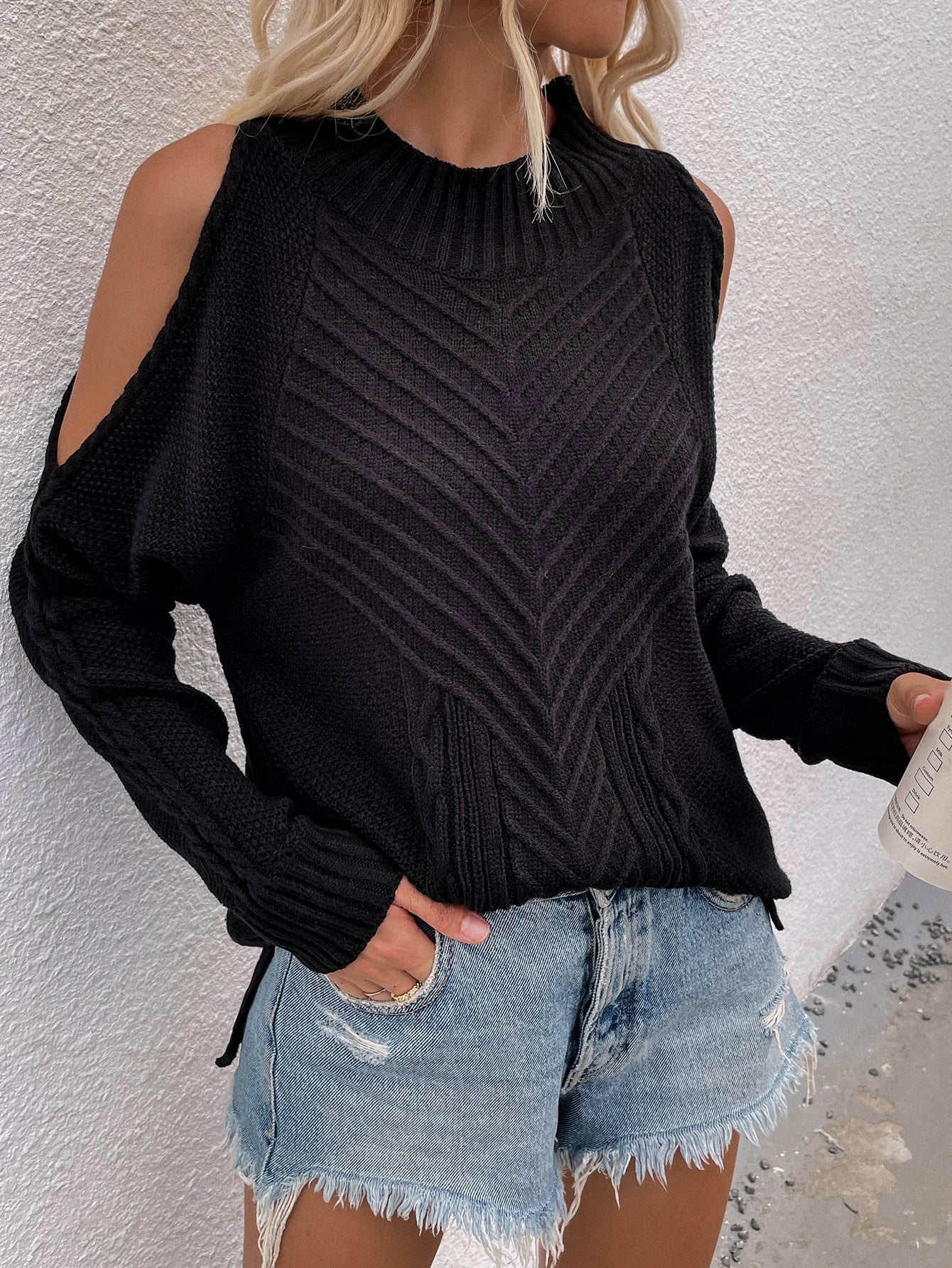 Calistally | Black Shoulder Cut-Out Knit Sweater
