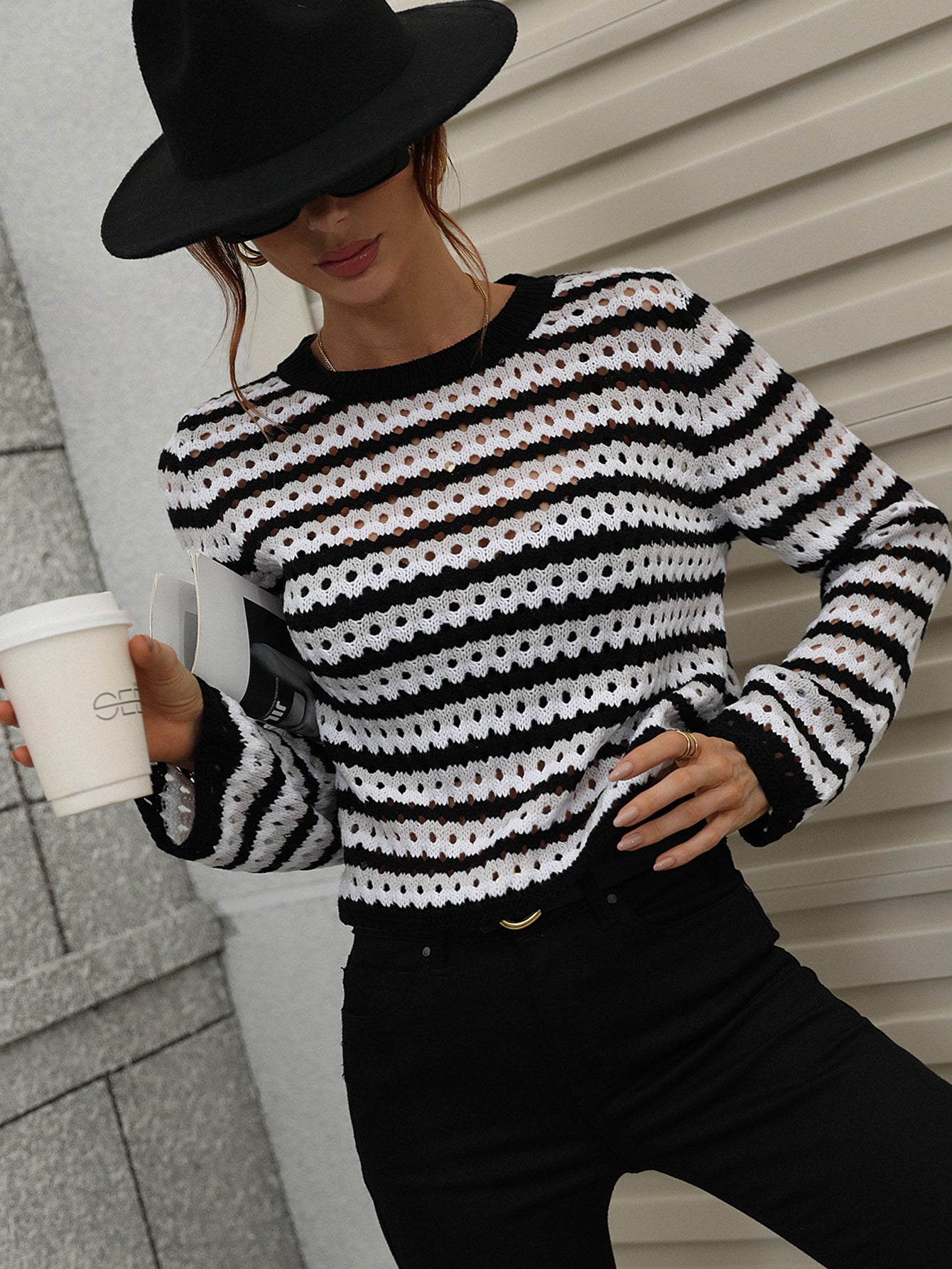 PERFORATED STRIPE PATTERN KNIT TOP - BLACK