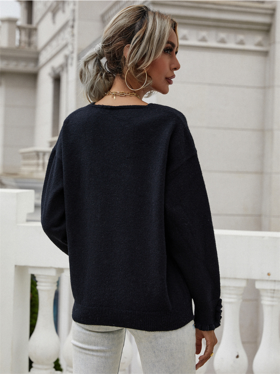Calistally Doll | DARIUS Drop Shoulder V-neck Knit Top - Black