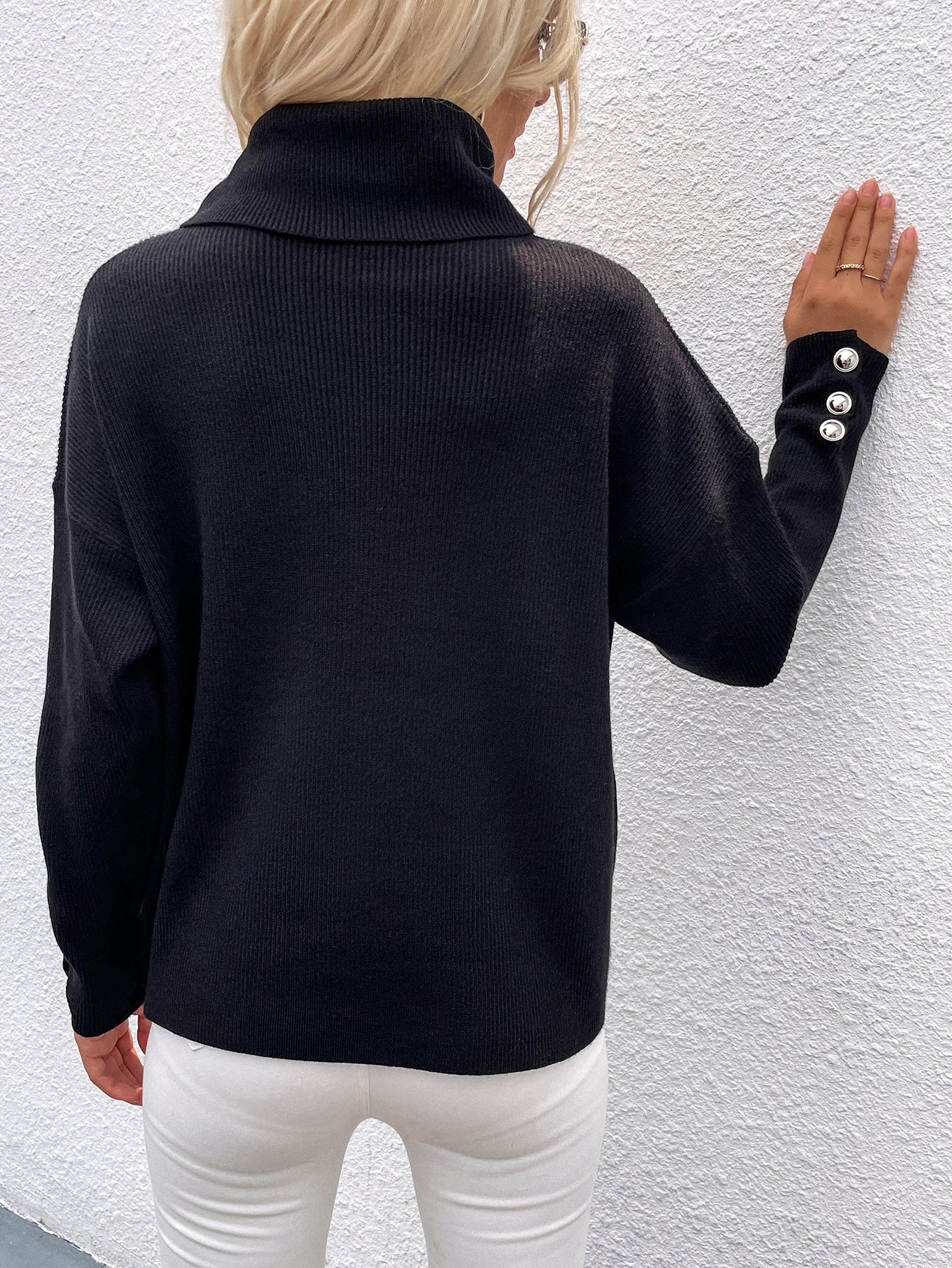 Calistally | Black Oversized Collar Turtleneck Knit Sweater