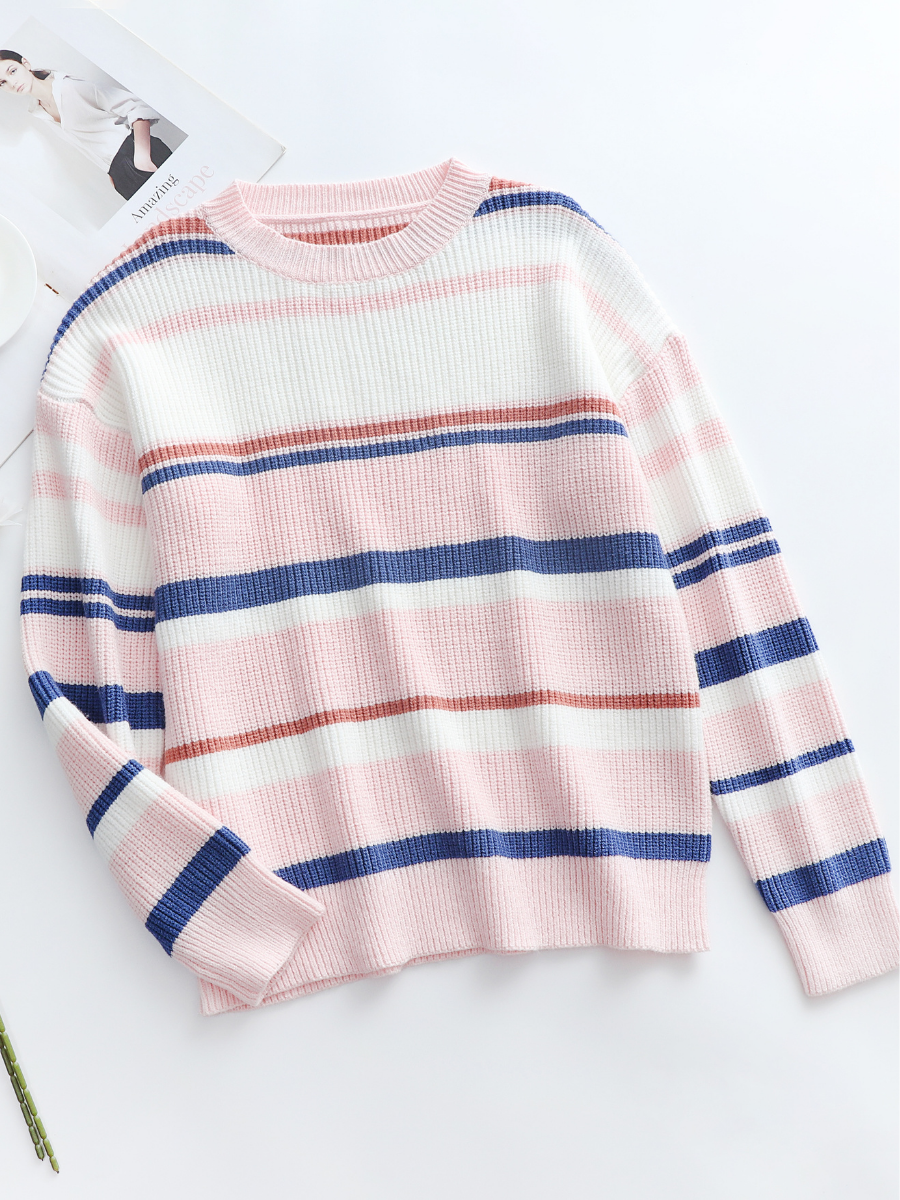 Calistally | Pink Blue Orange Stripe Crew Neck Knit Top