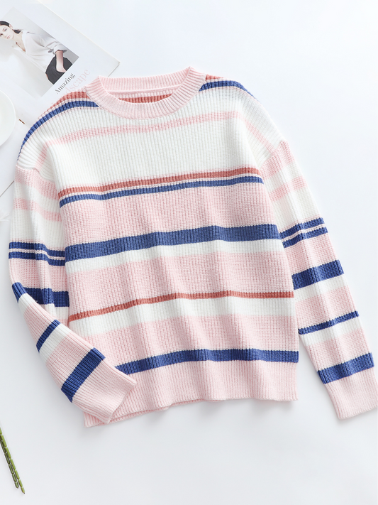 Calistally | Pink Blue Orange Stripe Crew Neck Knit Top