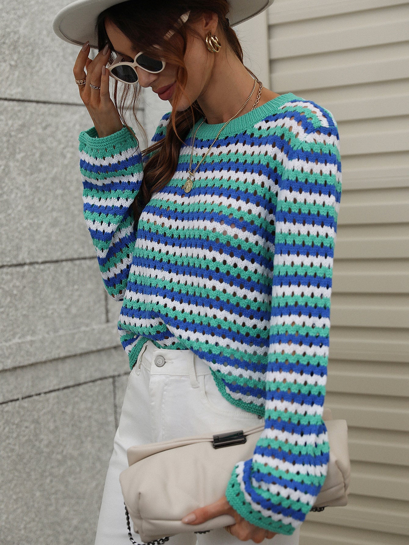 PERFORATED STRIPE PATTERN KNIT TOP - BLUE