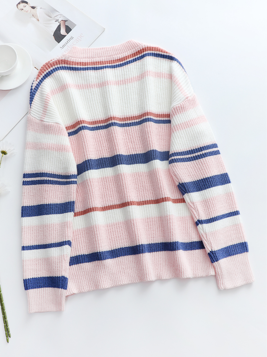 Calistally | Pink Blue Orange Stripe Crew Neck Knit Top